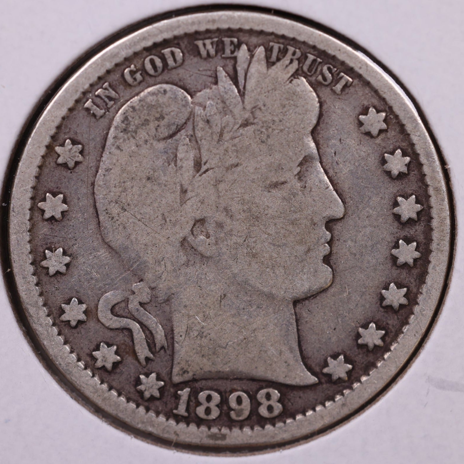 1898 Barber Silver Quarter, Very Good Circulated Coin, Store#QR1502