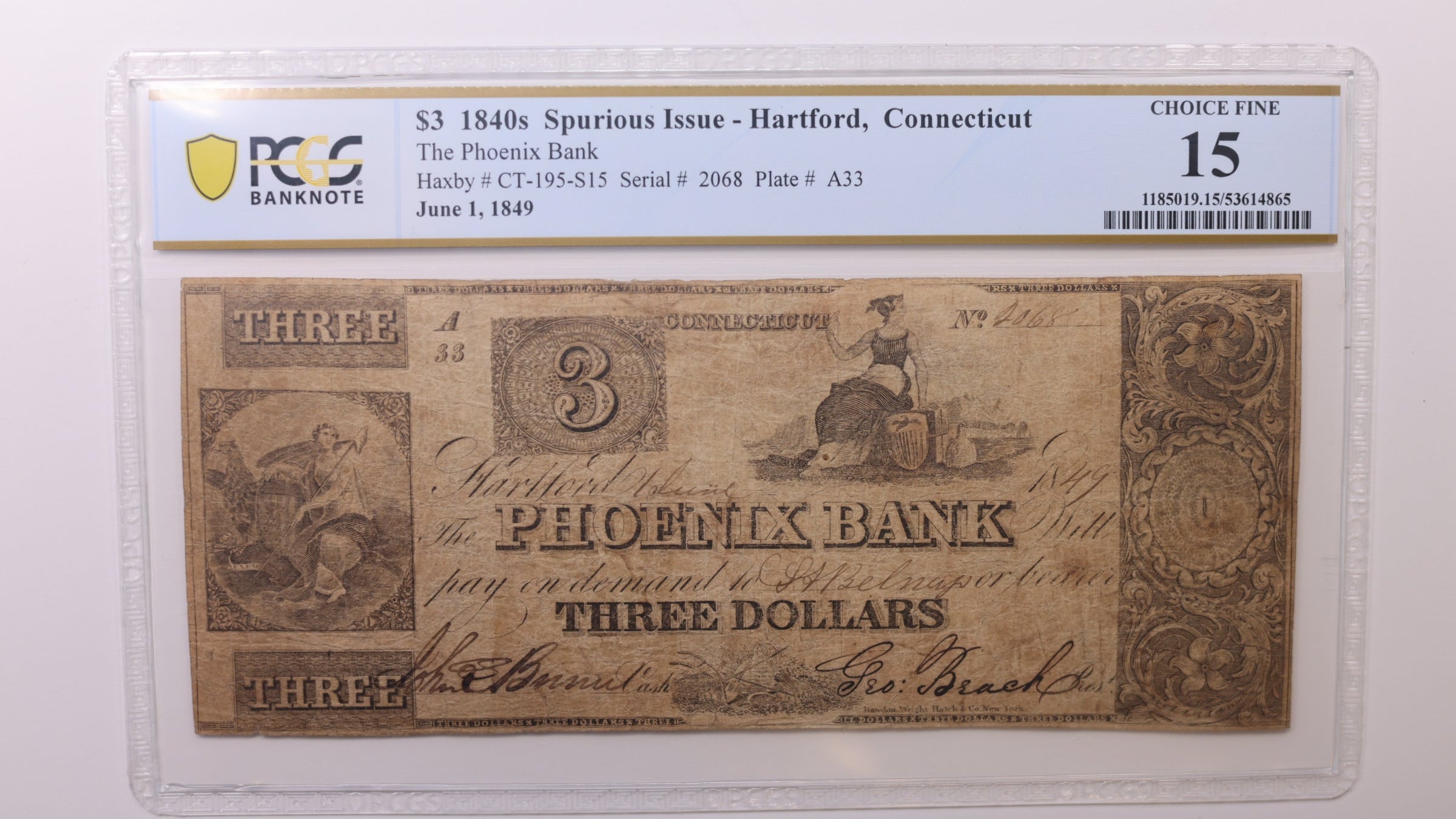 1849 $3, Hartford, Connecticut. SPURIOUS ISSUE, PCGS Fine-15, Store #GCON006.
