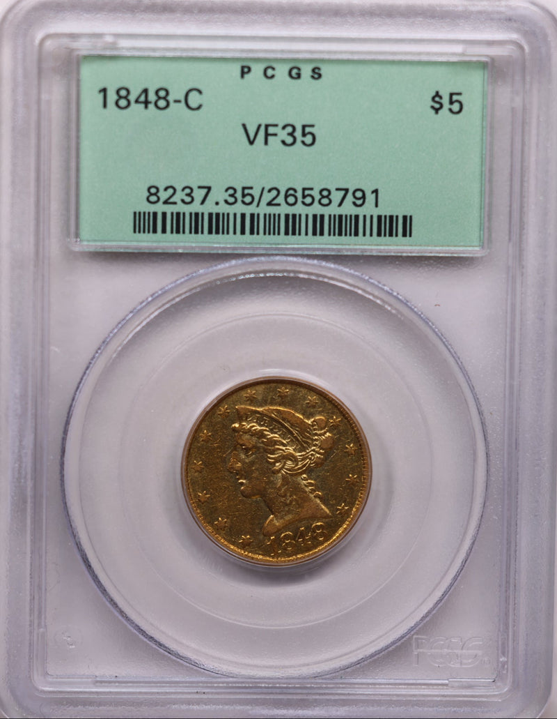 1848-C $5, Gold Half Eagle, Charolette Mint, Circulated, PCGS VF-35, Store Sale