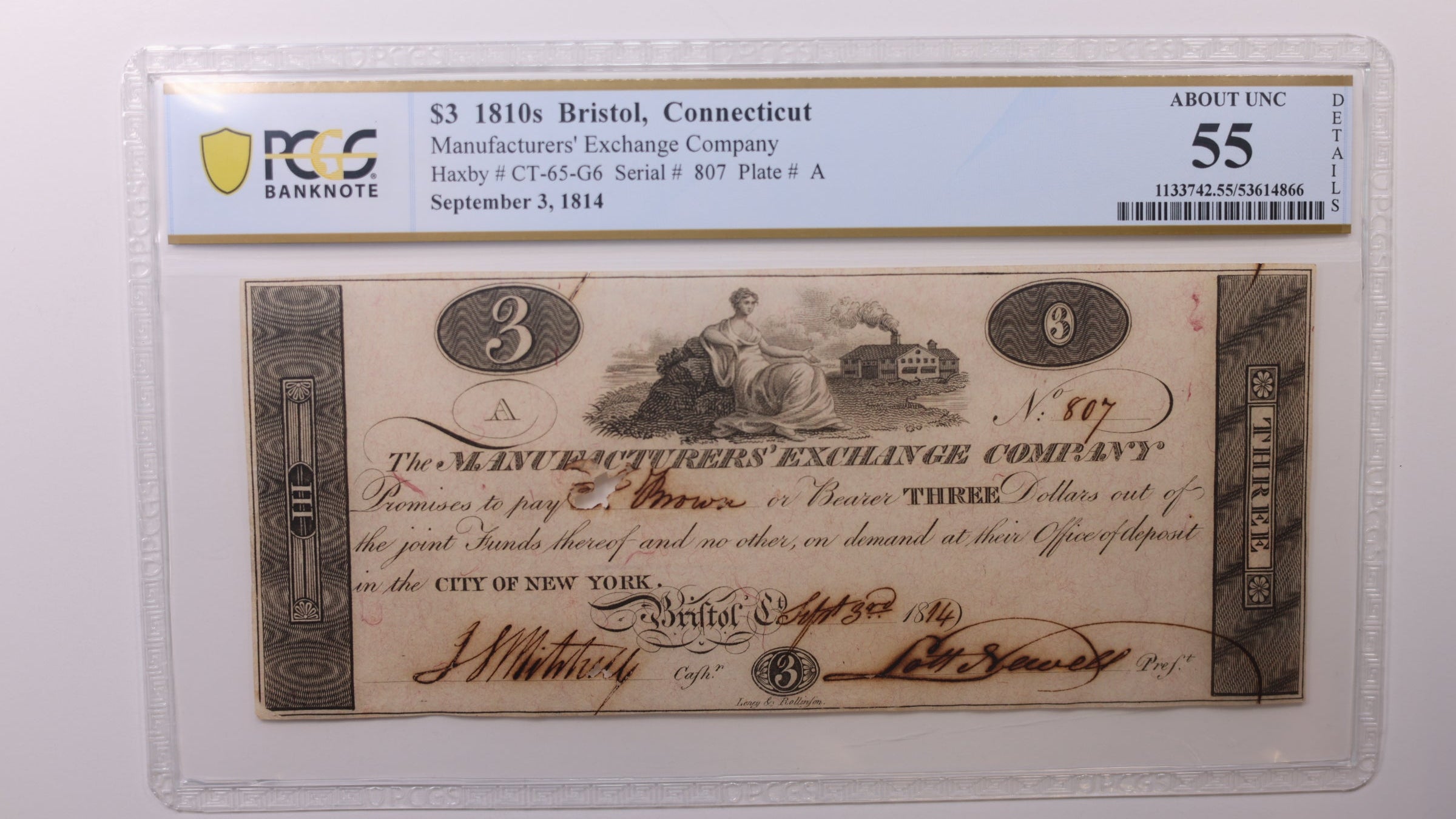 1814 $3, Bristol, Connecticut. Obsolete Currency, PCGS AU55, Store #GCON007.