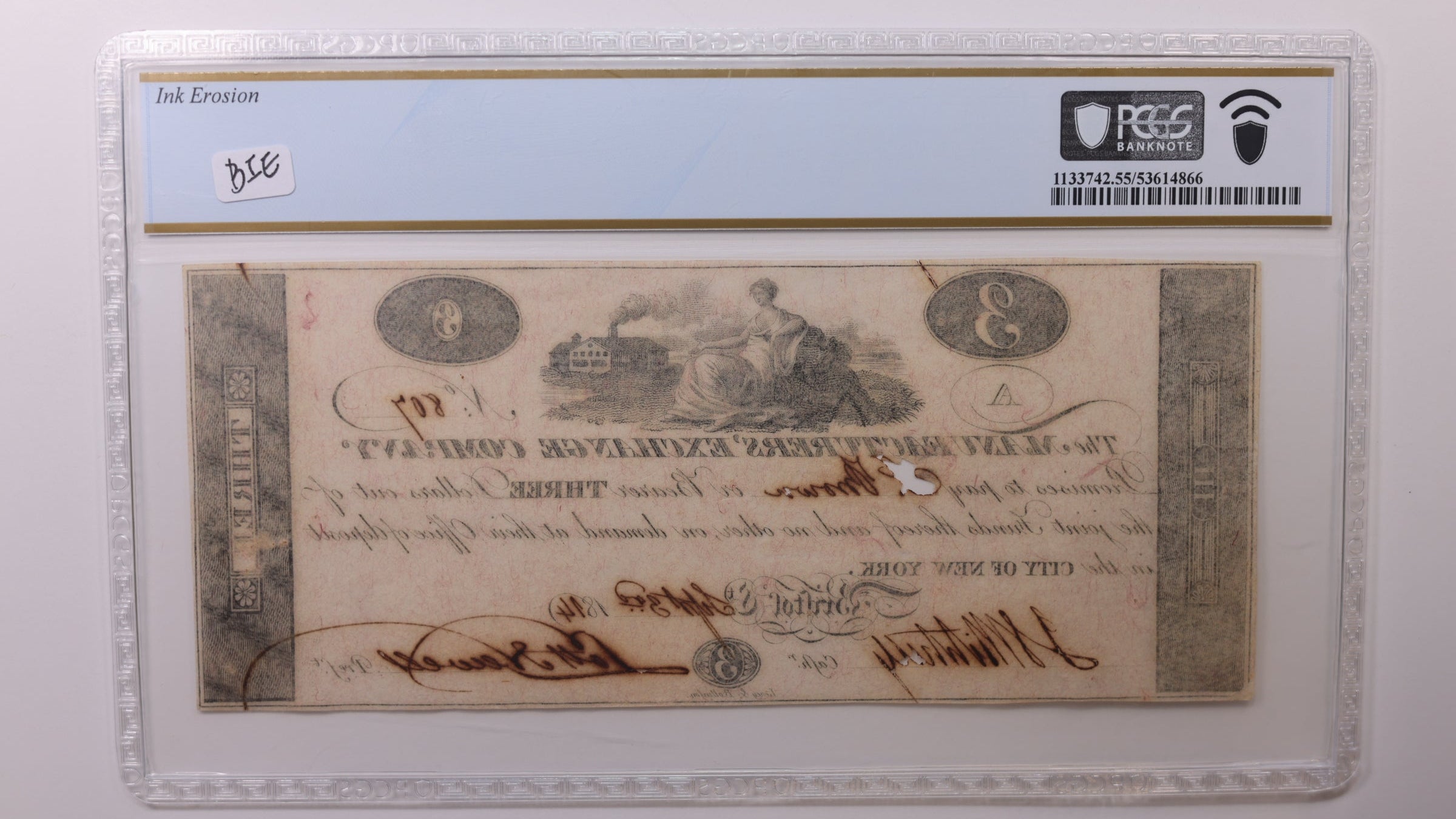 1814 $3, Bristol, Connecticut. Obsolete Currency, PCGS AU55, Store #GCON007.