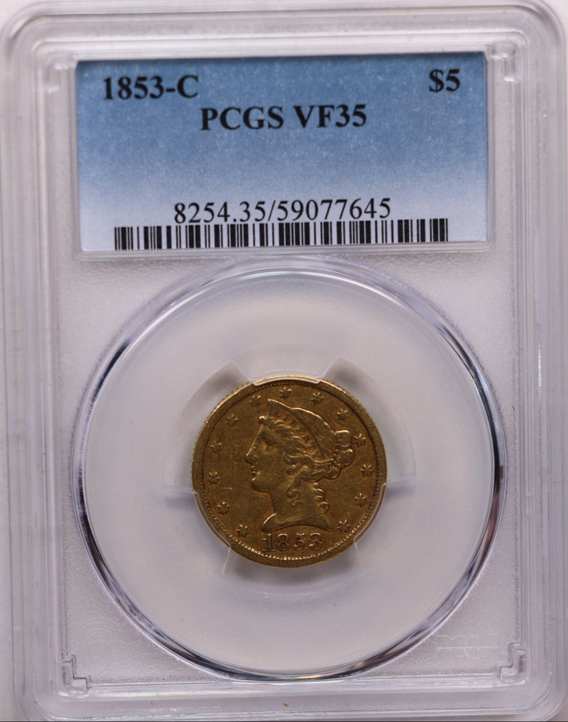 1853-C $5, Gold Half Eagle, Charolette Mint, Circulated, PCGS VF-35, Store Sale