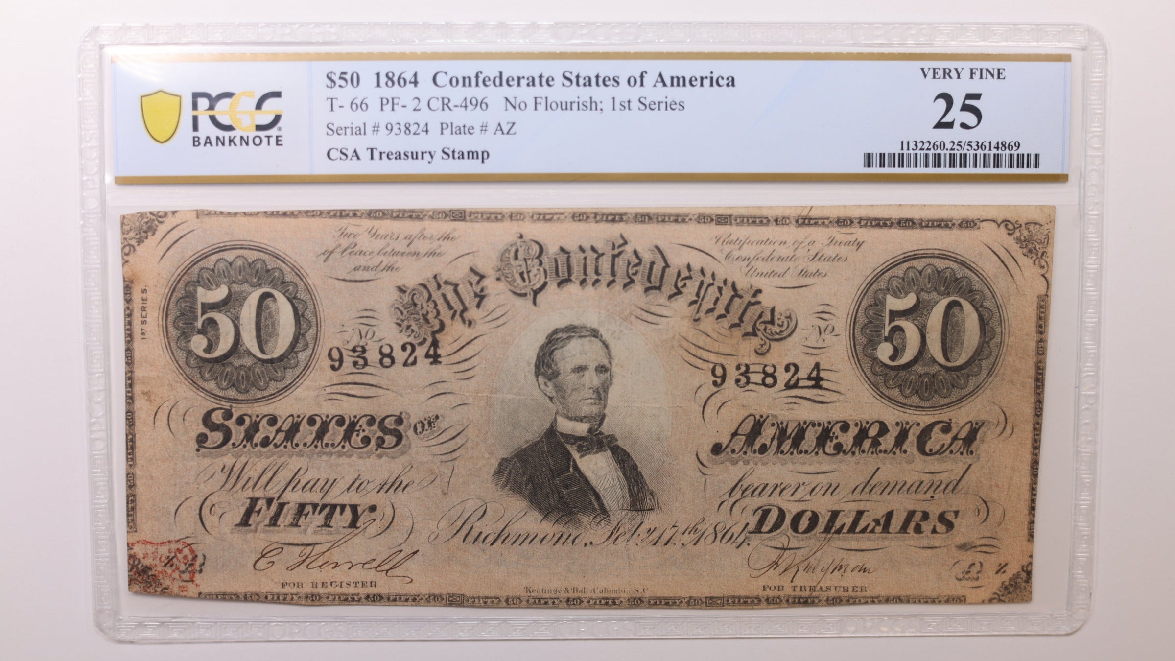 1864 $50, Confederate States, T66, Obsolete Currency, PCGS VF25, Store #GCSA007.