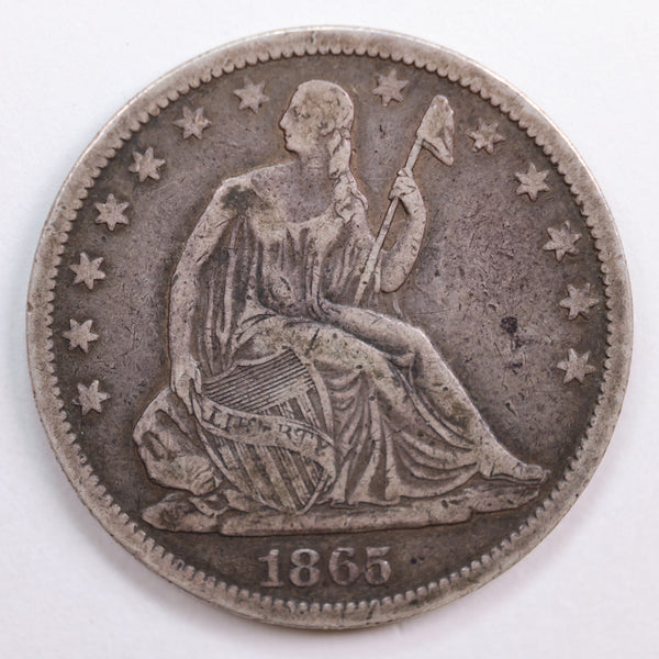 1865-S Seated Liberty Half Dollar, Very Fine+ Circulated Coin, Store #HR0742.