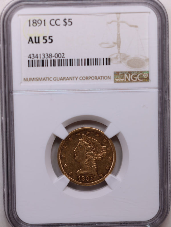 1891-CC $5, Gold Half Eagle, "Carson City", Circulated, NGC AU-55, Store Sale #G0155.