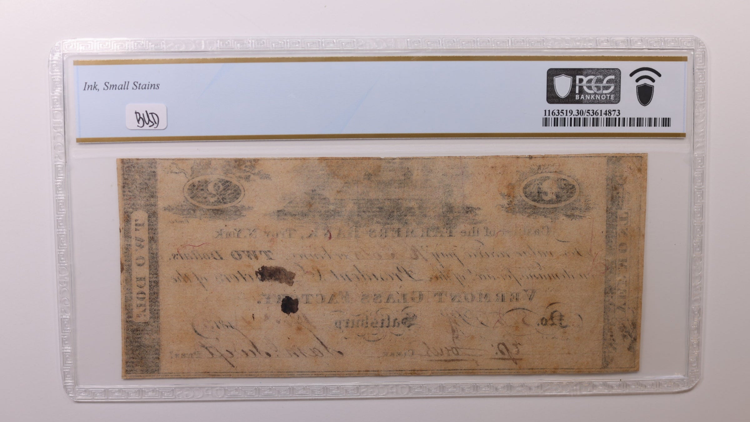 1813 $2, Vermont Glass Factory, Obsolete Currency, PCGS VF30, Store #GVT010.