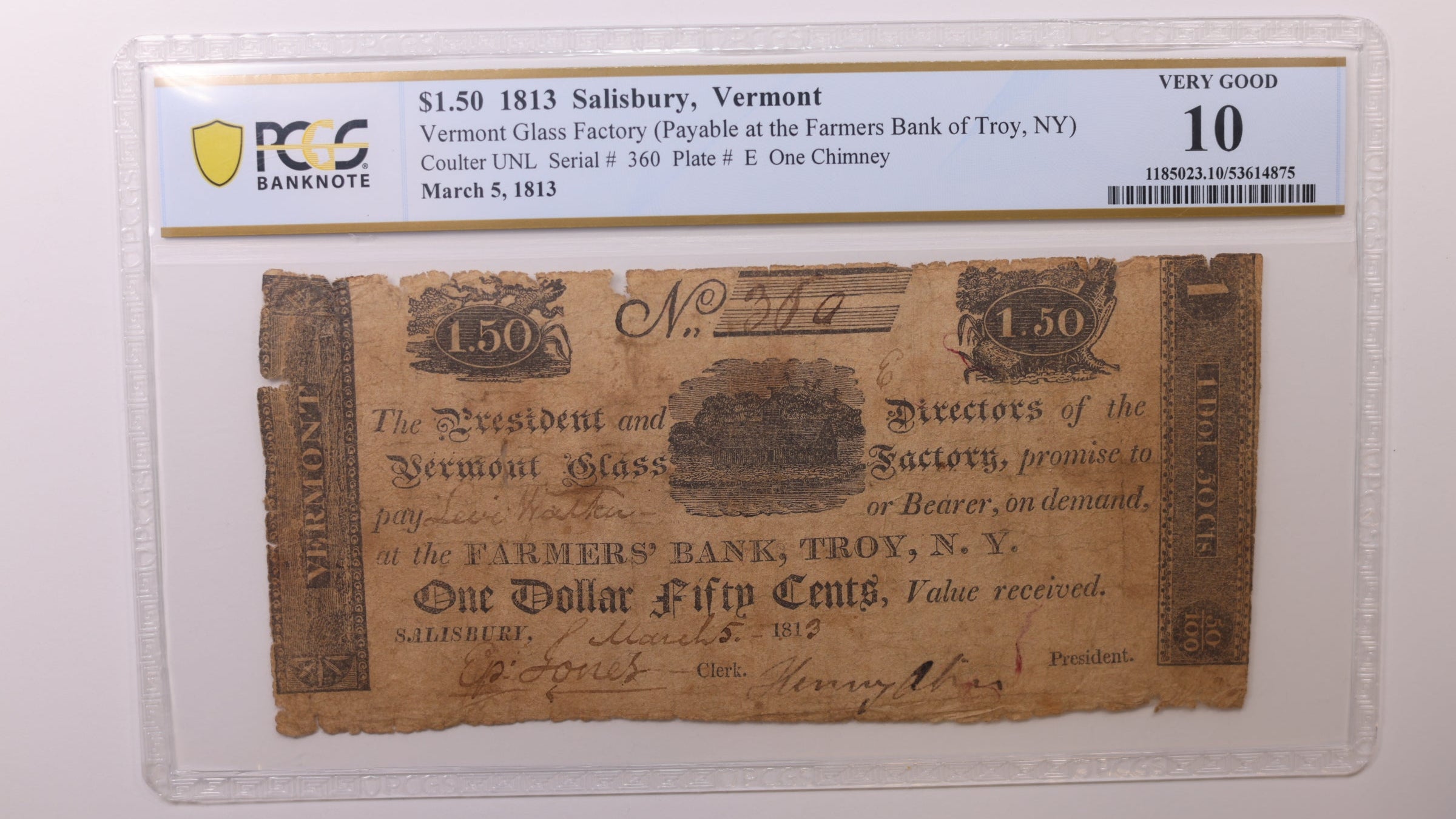 1813 $1, Vermont Glass Factory, Obsolete Currency, PCGS VG10, Store #GVT012.