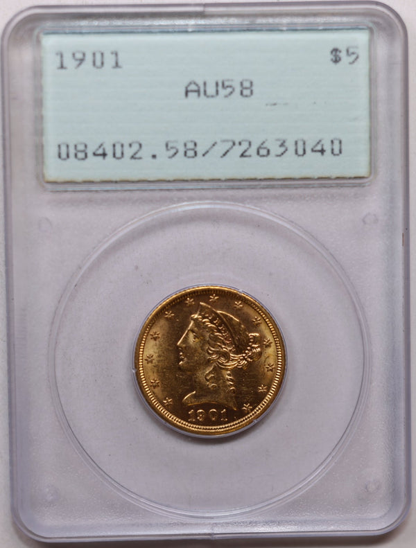 1901 $5, Gold Half Eagle, Shaker Holder, PCGS AU-58, Store Sale #G0156.