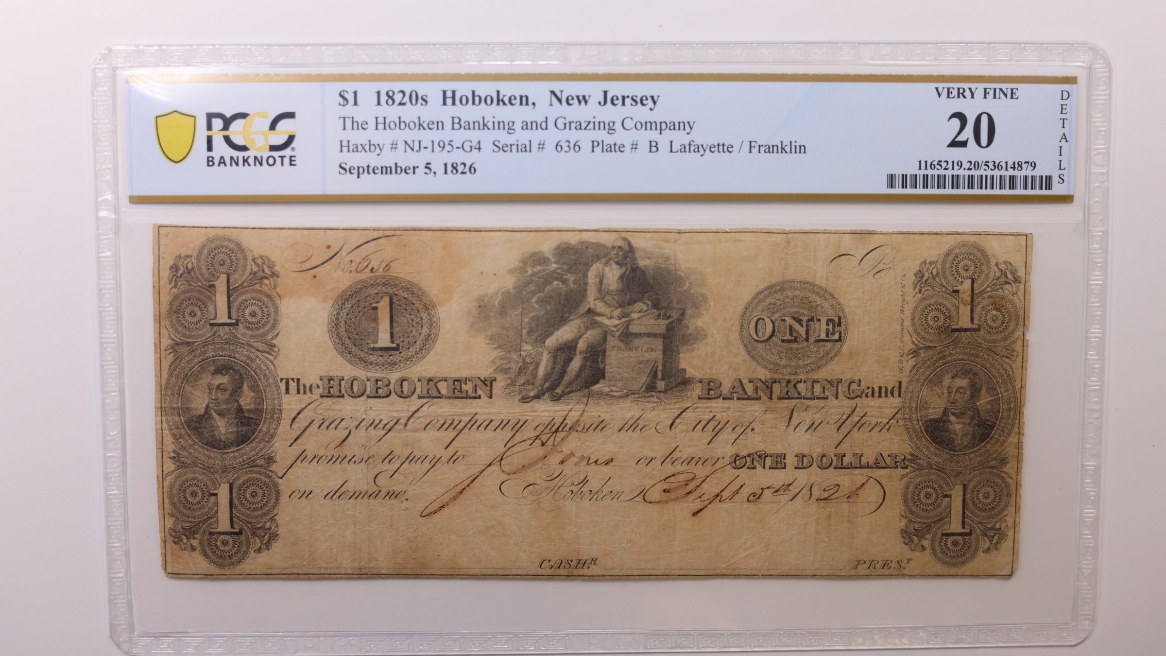 1826 $1, Hoboken, N.J. Obsolete Note, PCGS VF20, Store #GNJ014.