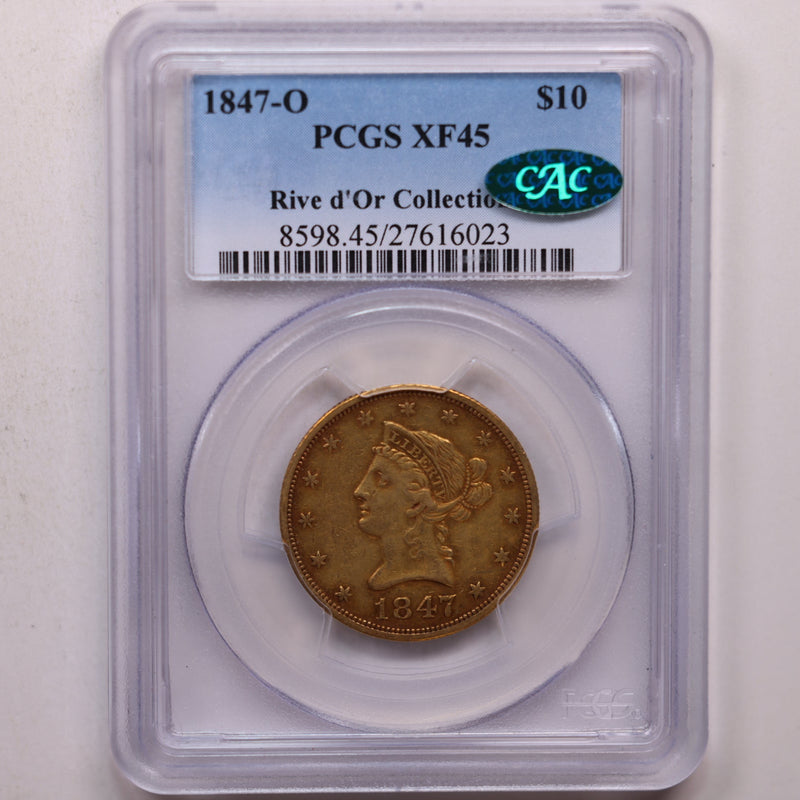 1847-O $10, Gold Liberty Eagle, Circulated, PCGS XF-45, CAC, Store Sale