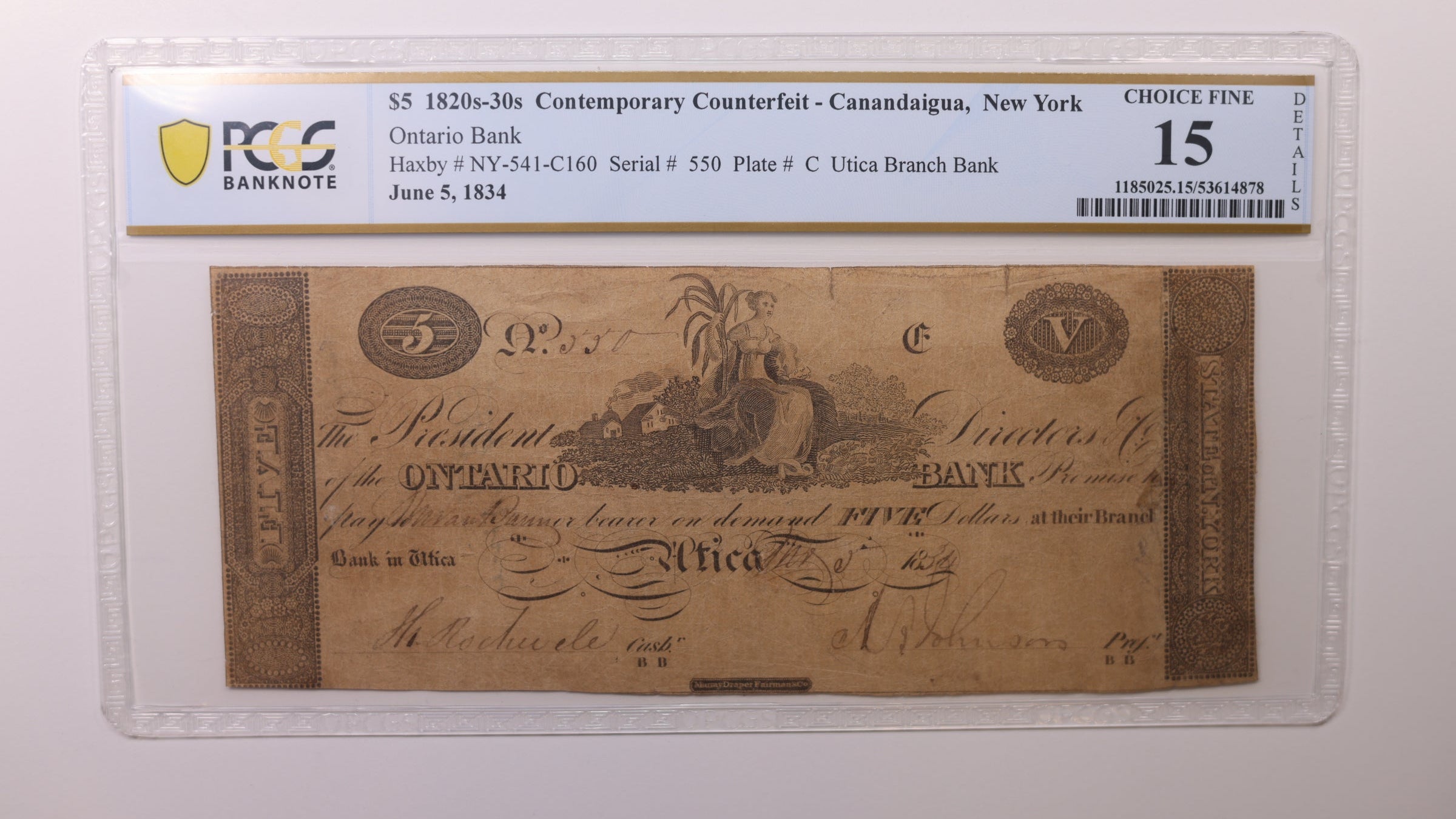 1819 $5, Canandaigua, N.Y., PCGS Fine-15, Obsolete Currency. Store #GNY021.