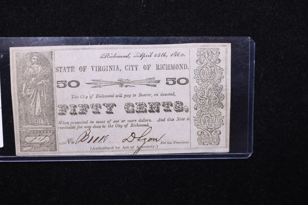 1862 50 Cent, Obsolete Currency,  Richmond VA, Store Sale 00760