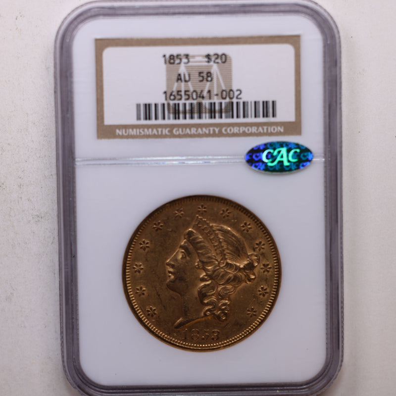 1853 $20, Gold Double Eagle, Circulated, NGC AU-58, CAC, Store Sale