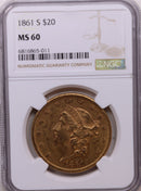 1861 $20, Gold Double Eagle, Uncirculated Coin, NGC MS-60, Store Sale