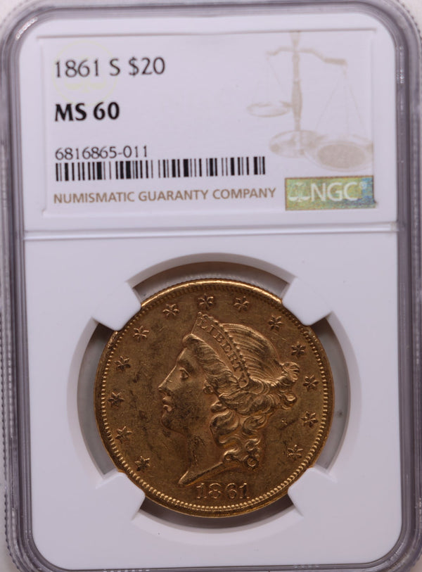 1861 $20, Gold Double Eagle, Uncirculated Coin, NGC MS-60, Store Sale #G0161.