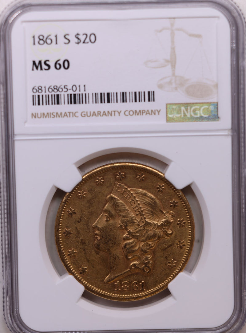 1861 $20, Gold Double Eagle, Uncirculated Coin, NGC MS-60, Store Sale