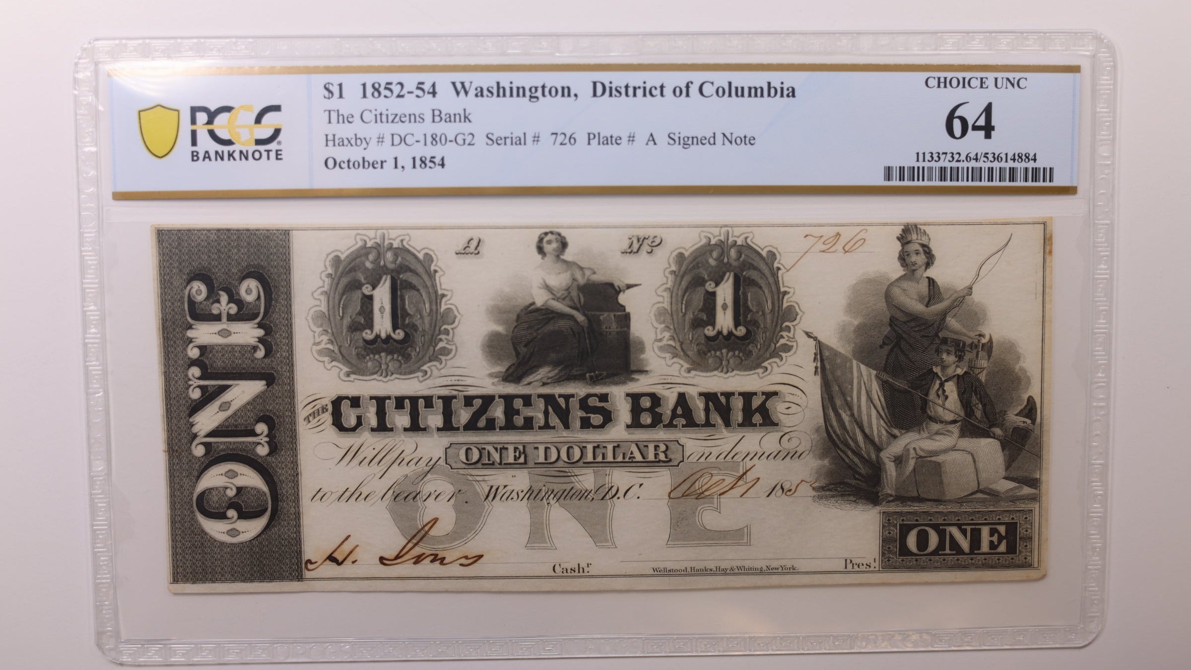 1854 $1, Washington, D.C. Obsolete Currency , PCGS CU64, STORE #GDC081.