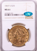 1869-S $20, Gold Double Eagle, Uncirculated, NGC MS-61, CAC, Store Sale