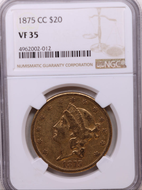 1875-CC $20, Gold Double Eagle, Circulated Coin, NGC VF-35 Store Sale #G0163.
