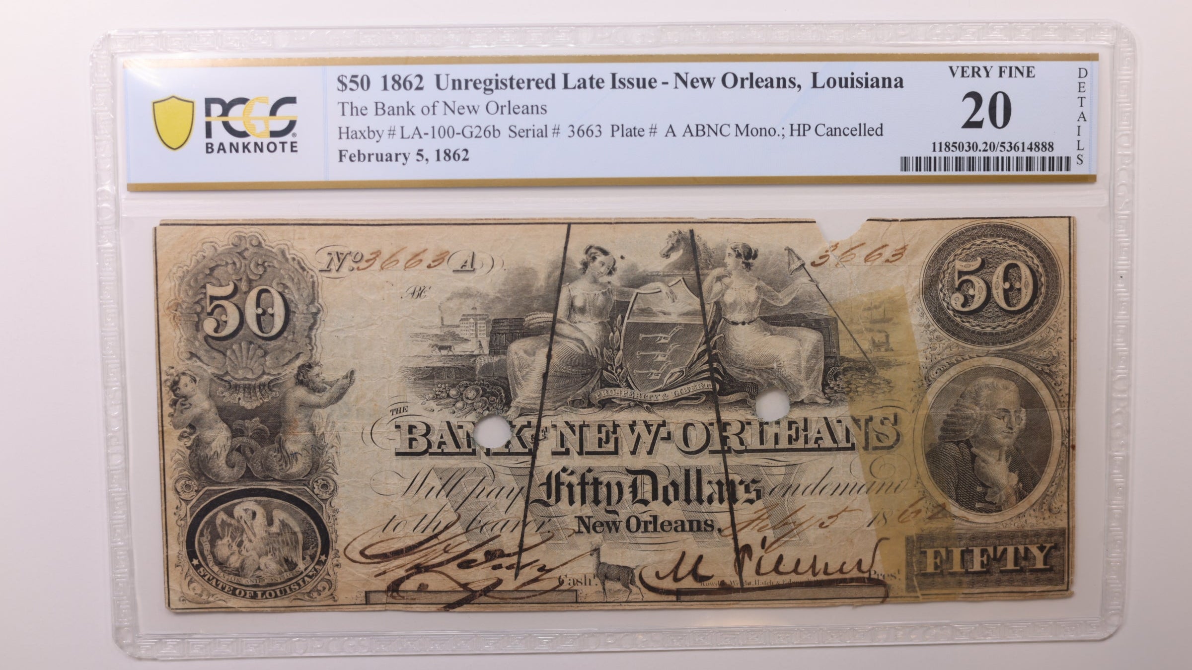1862 $50, New Orleans, Louisiana. Obsolete Currency. PCGS VF20, Store #GLA003.