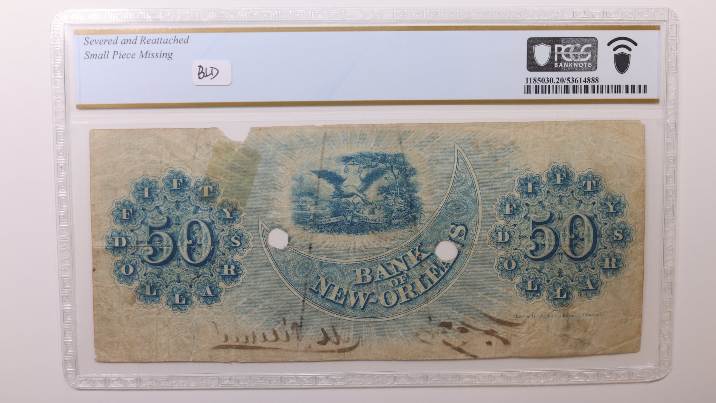 1862 $50, New Orleans, Louisiana. Obsolete Currency. PCGS VF20, Store #GLA003.