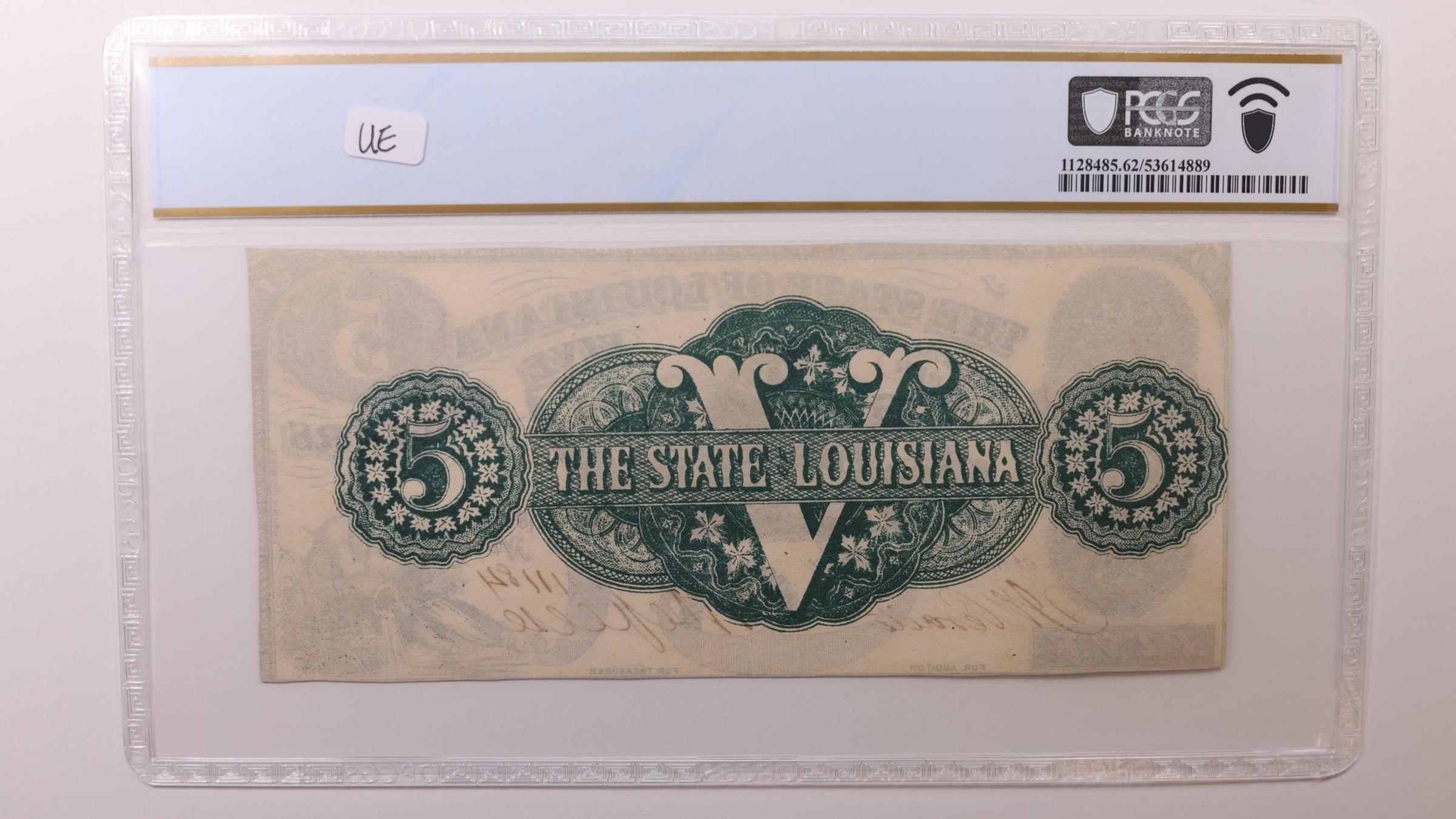 1862 $5, New Orleans, Louisiana. Obsolete Currency. PCGS CU62, Store #GLA004.