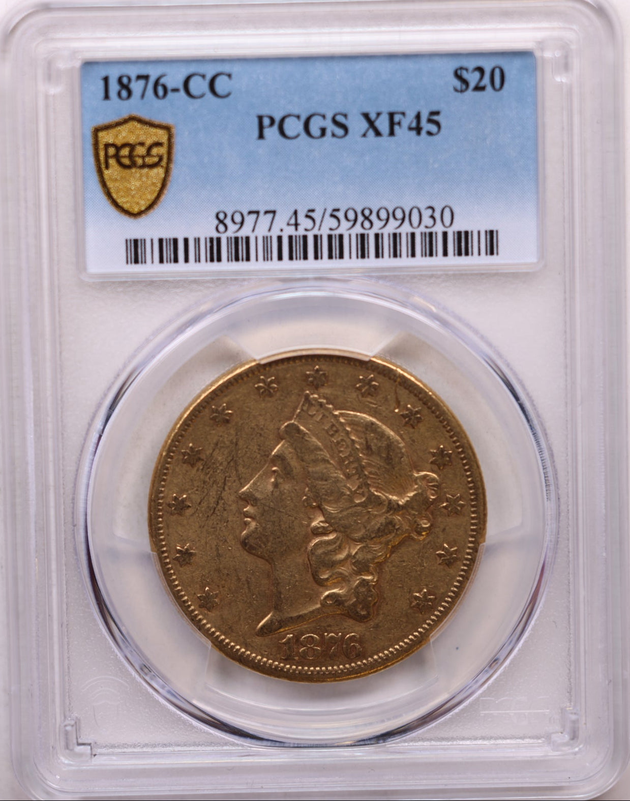 1876-CC $20, Gold Double Eagle, Circulated Coin, XF-45, Store Sale #G0164.