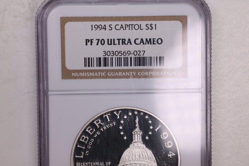 1994-S $1., Capitol SILVER COMMEMORATIVE., NGC PF70., Store GMC134