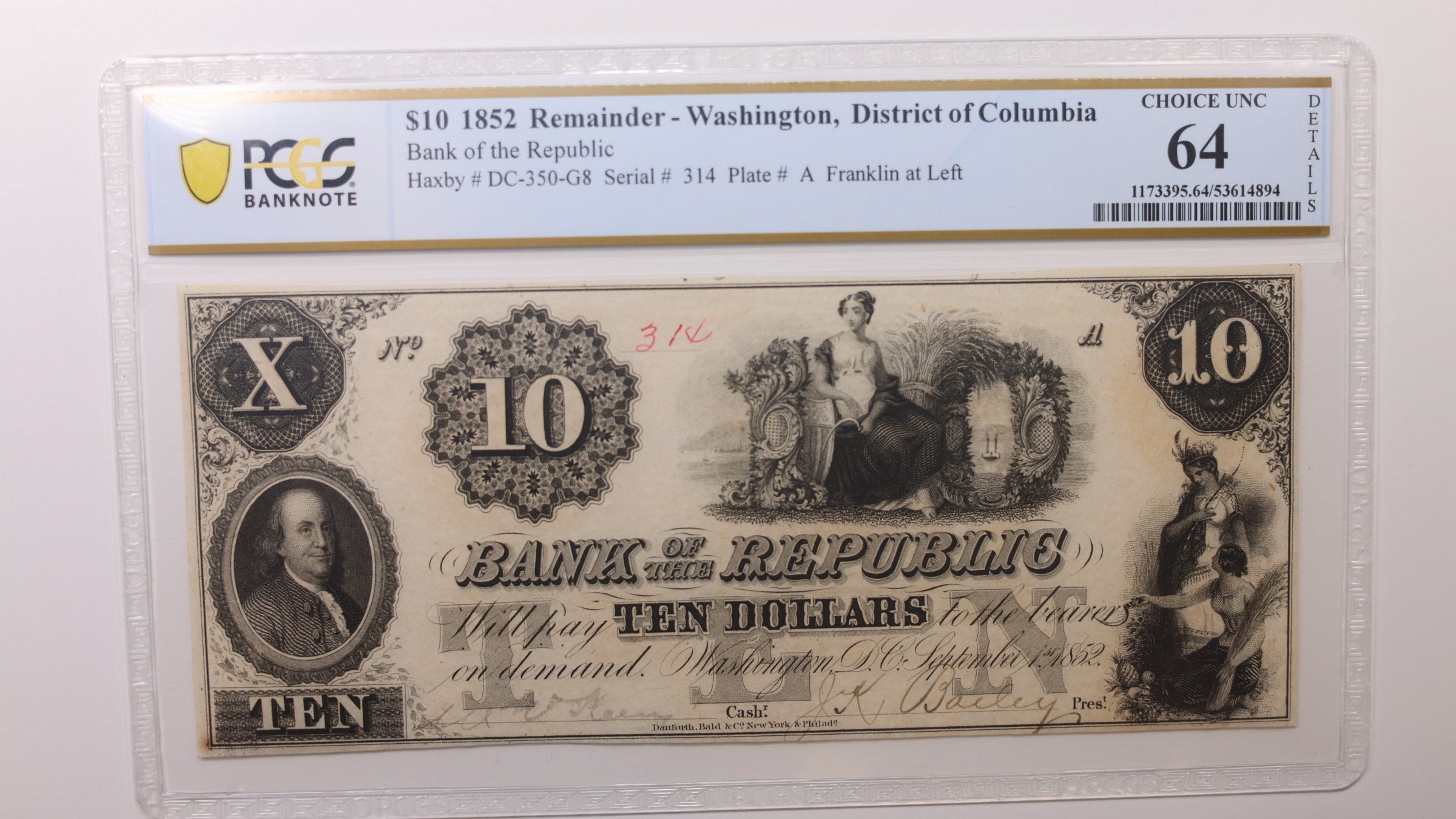 1852 $10, Washington, D.C. Obsolete Currency , PCGS CU64, STORE #GDC085.