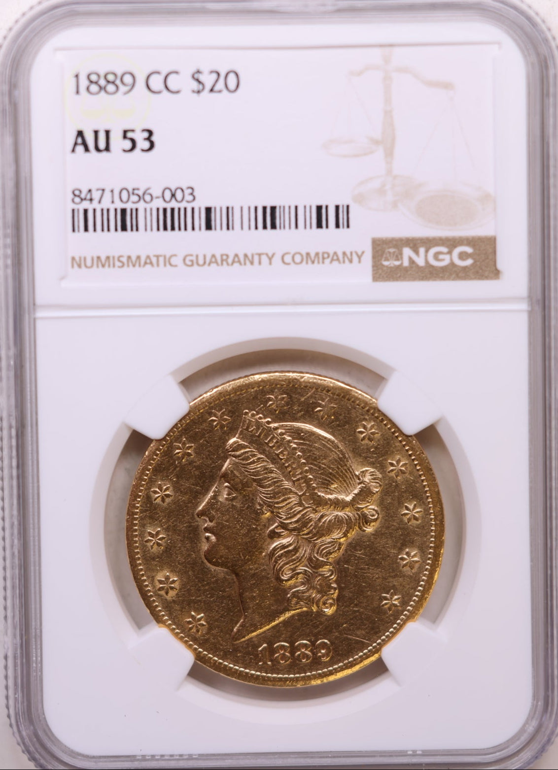 1889-CC $20, Gold Double Eagle, Circulated Coin, AU-53, Store Sale #G0166.