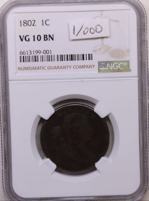 1802 Draped Bust Cent, 1/000 Variety, NGC Certified VG-10 Store Sale #CT0728