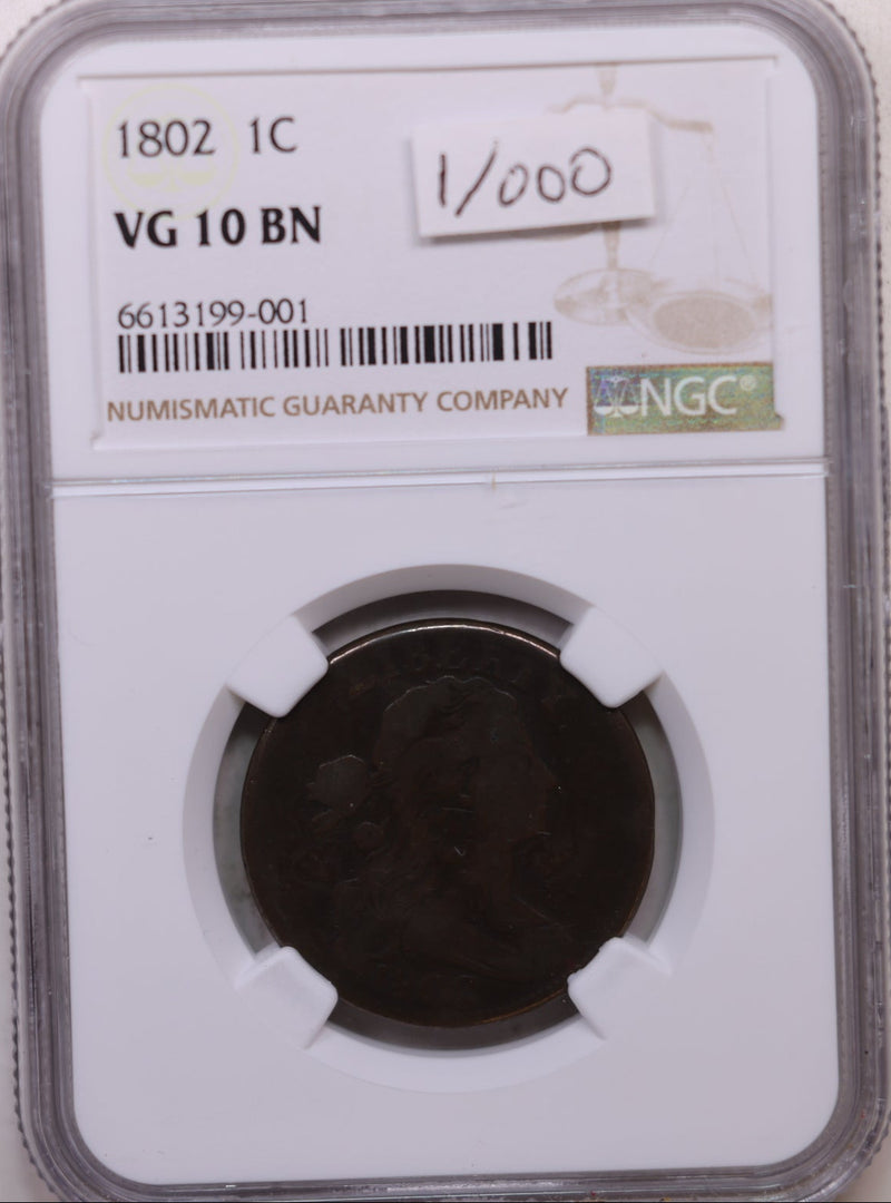 1802 Draped Bust Cent, 1/000 Variety, NGC Certified VG-10 Store Sale
