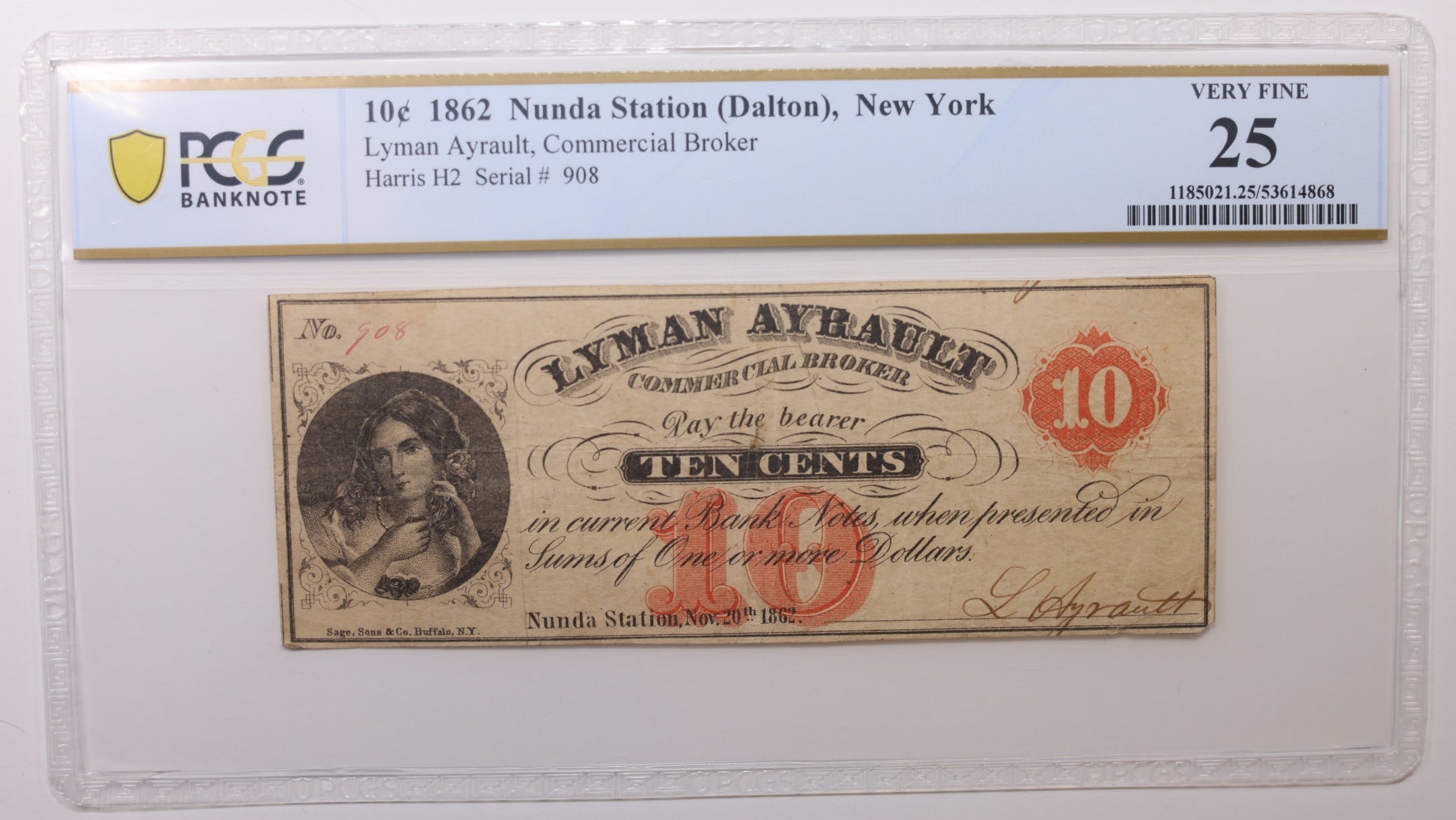 1862 10 Cents, Nunda Station, N.Y., PCGS VF-25, Obsolete Currency. Store #GNY022.