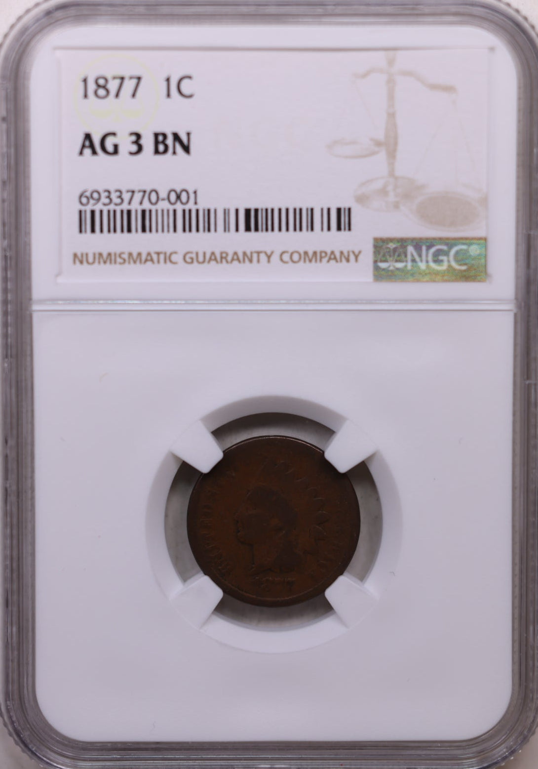 1877 Indian Head Cents, 'Key Date', NGC Graded AG-3, Store Sale #CT0728