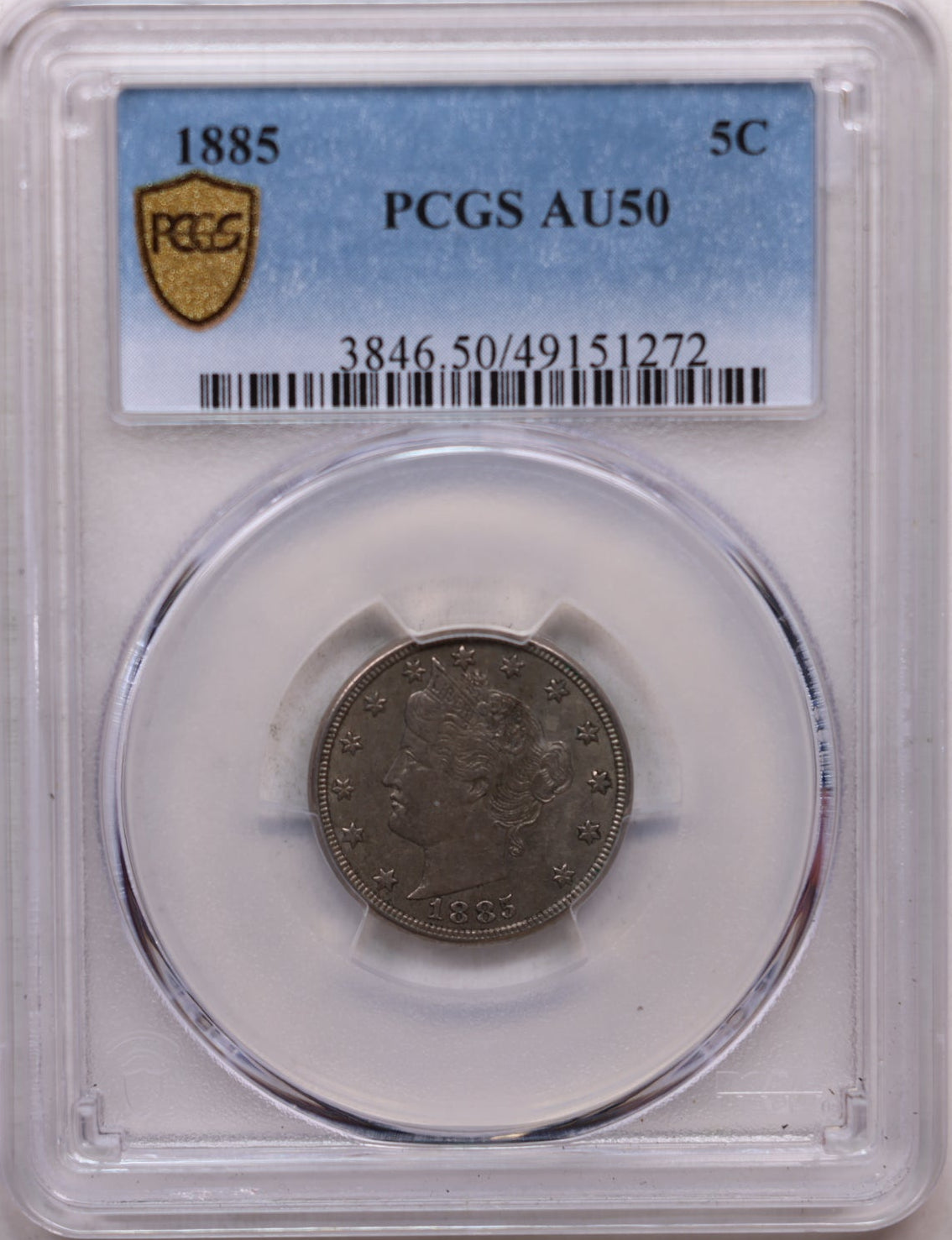 1885 Liberty (V) Nickel, PCGS AU-50,  'KEY DATE', Collectible Coin. Store #GNL021