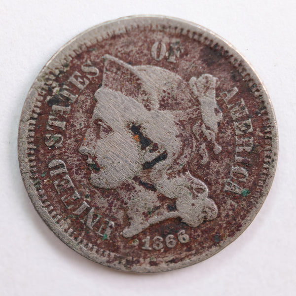 1866 Three Cent Copper Nickel, Abt Good Circulated Coin, Store #3C0011