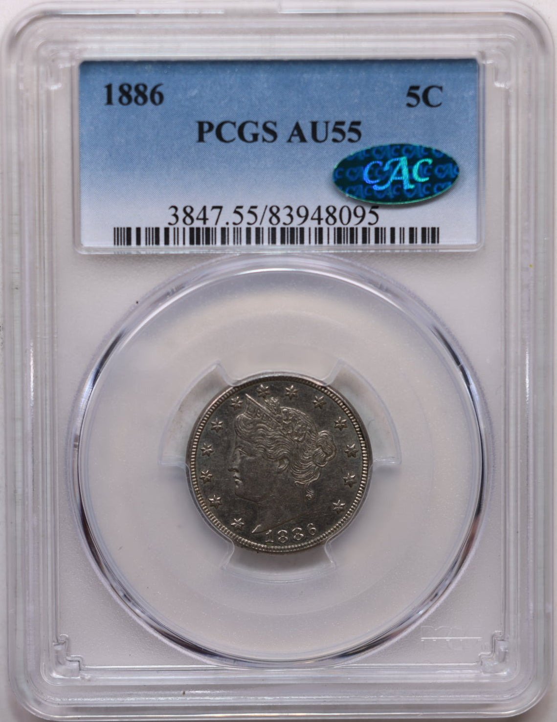 1886 Liberty (V) Nickel, PCGS AU-55,  'Green CAC', Collectible Coin. Store #GNL022.