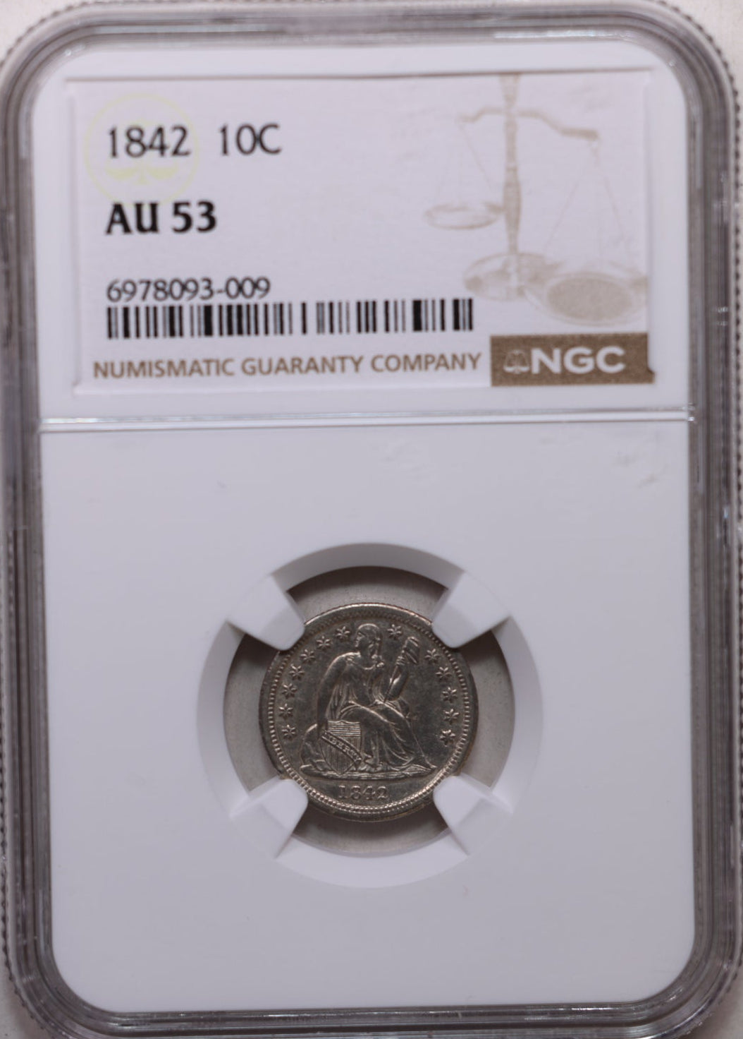 1842 Seated Liberty Silver Dime, NGC AU-53, Nice Eye Appeal, Store Sale #GDE031.
