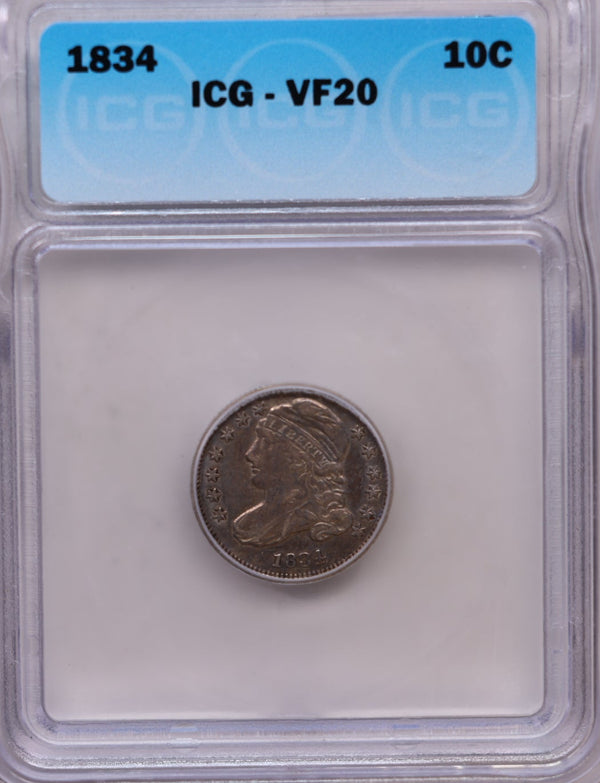 1834 Cap Bust Silver Dime, Large '4', ICG VF-20, Pleasant Eye Appeal, Store Sale #GDE032.