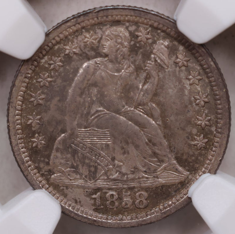 1858 Seated Liberty Silver Dime, Nice Uncirculated Coin, NGC MS-66, Store