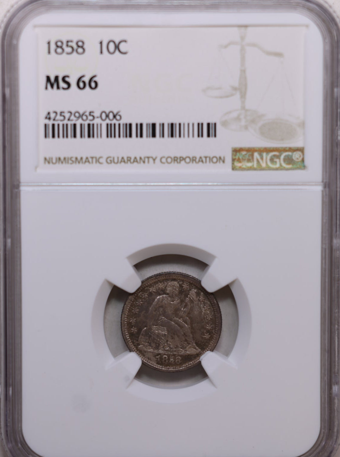 1858 Seated Liberty Silver Dime, Nice Uncirculated Coin, NGC MS-66, Store #GDE034.