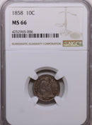 1858 Seated Liberty Silver Dime, Nice Uncirculated Coin, NGC MS-66, Store