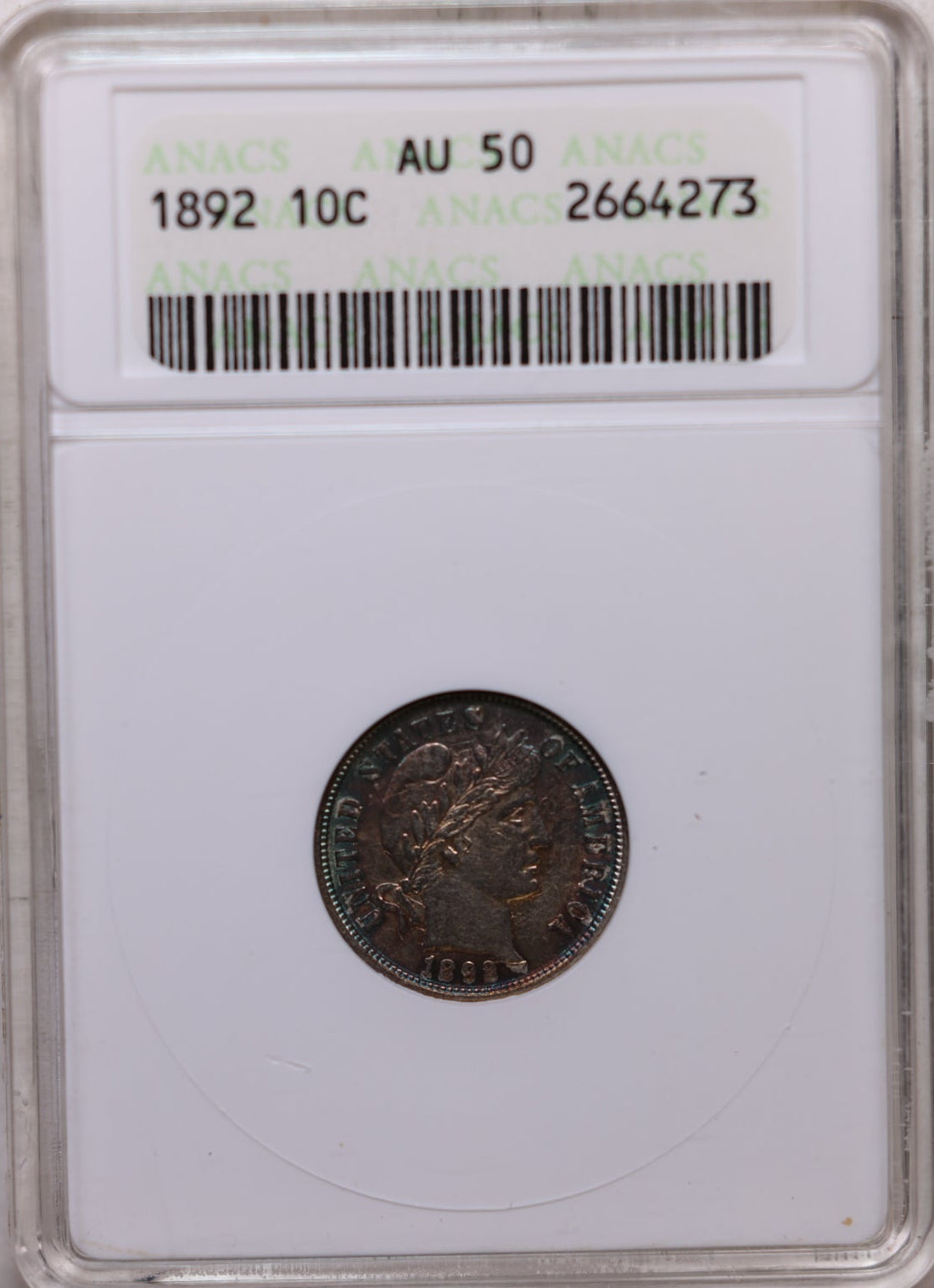 1892 Barber Silver Dime, ANACS Graded AU-50, Uncirculated, Store #GDE037.