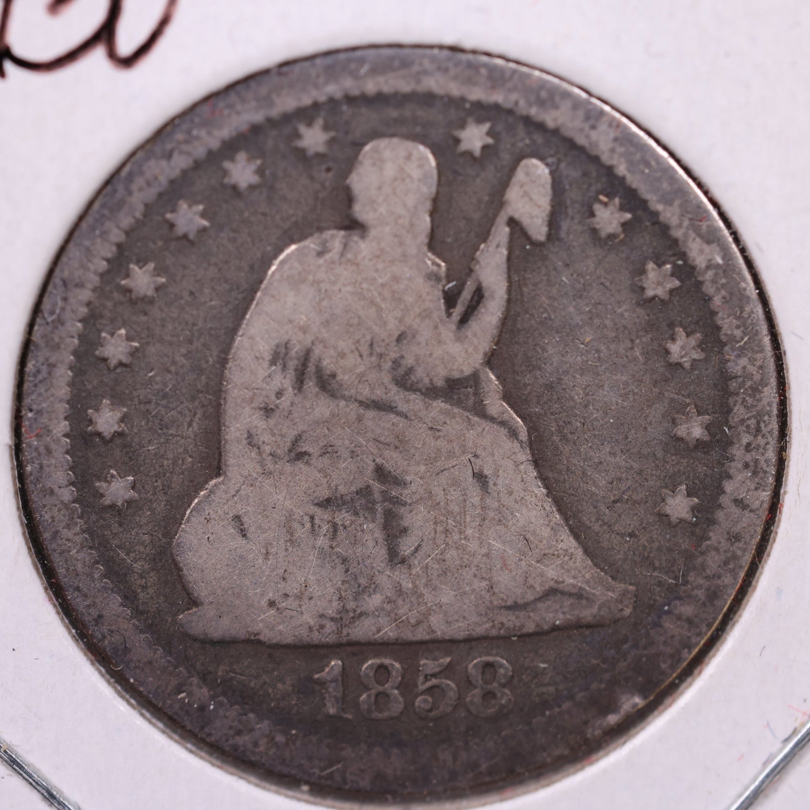1858-S Liberty Seated Quarter., Very Good Circulated Coin., Store #QR1368.