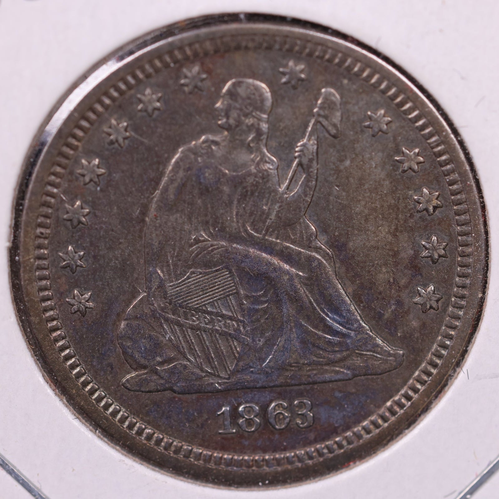 1863 Liberty Seated Quarter., Mint State., Uncirculated Coin., Store #QR1377.