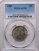 1909 Barber Silver Quarter, Nice Even Toning, PCGS AU-58, Store Sale