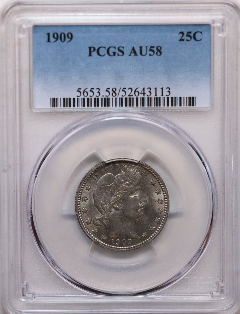 1909 Barber Silver Quarter, Nice Even Toning, PCGS AU-58, Store Sale