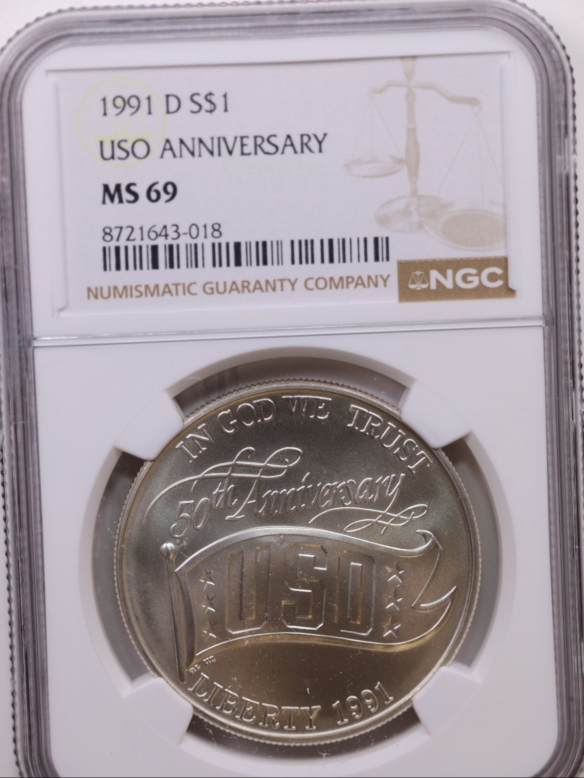1991-D $1 USO Anniversary, NGC MS 69, Store #GMC318