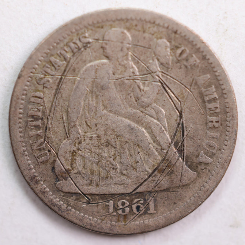 1861-S Seated Liberty Dime, Very Good Detailed Circulated Coin, details, Store