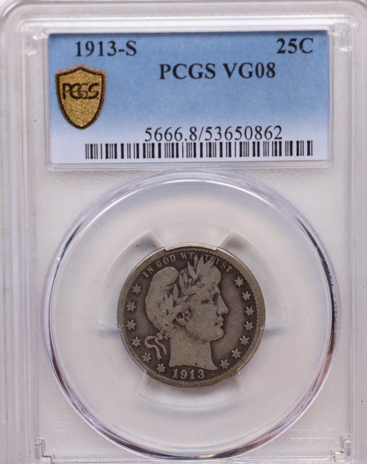 1913-S Barber Silver Quarter, PCGS VG-8, Nice Eye Appeal, Store Sale #GQR052.